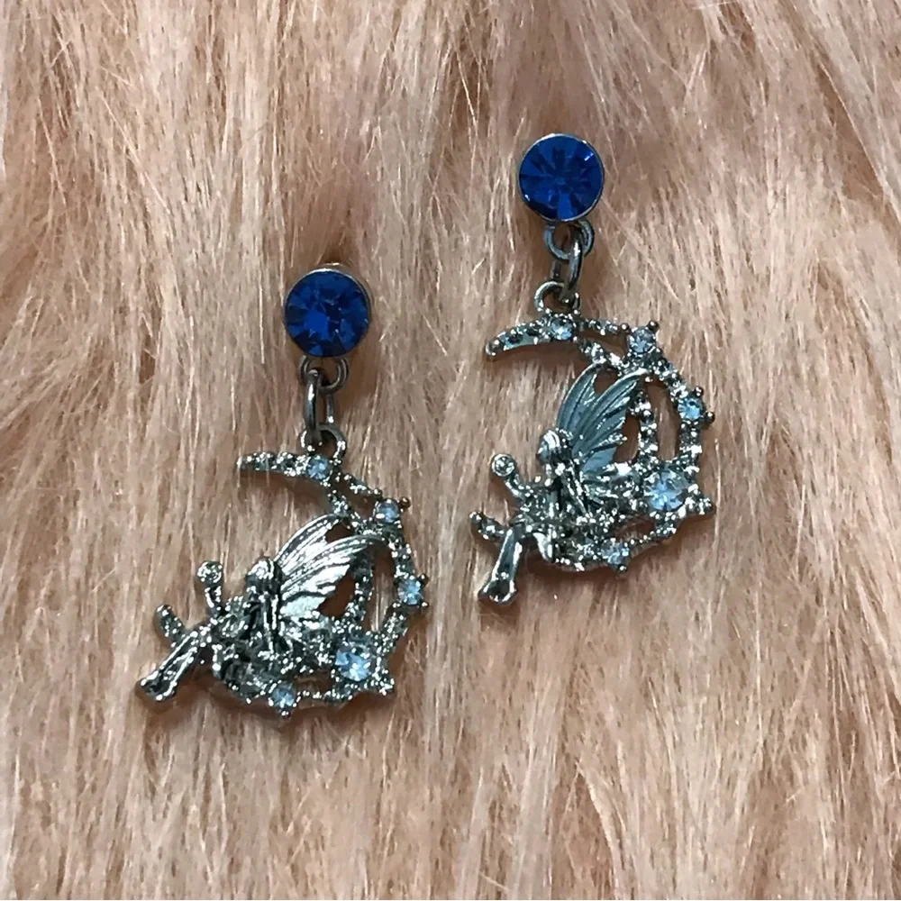 Fairy Sitting on the Moon Blue Stud Earrings - Picture 1 of 4